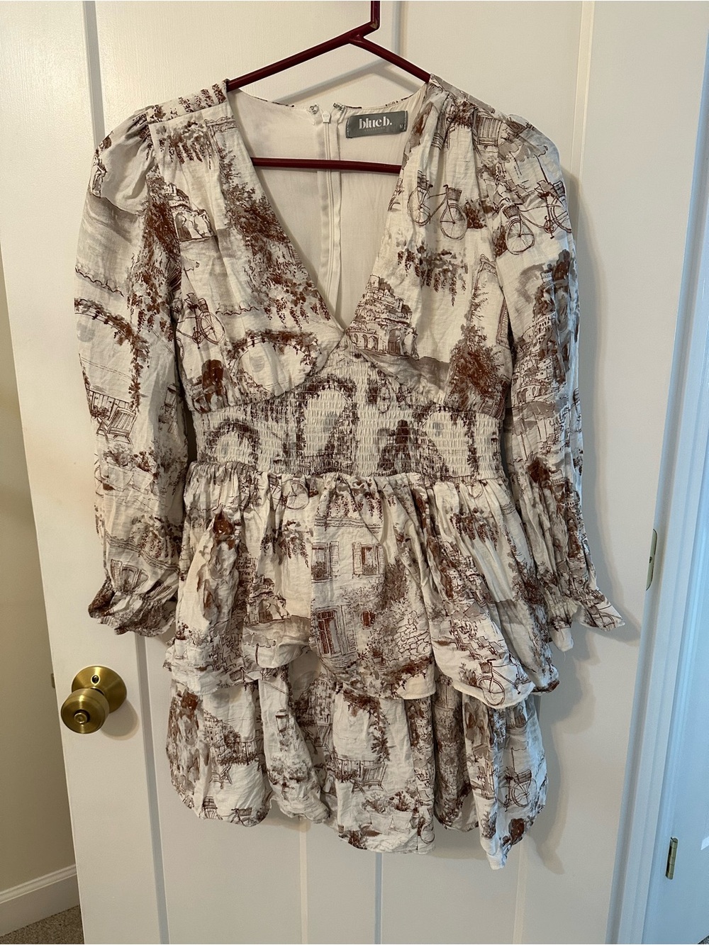 Women’s dress  Cream & Brown Printed long sleeve ruffle dress - Picture 2 of 4
